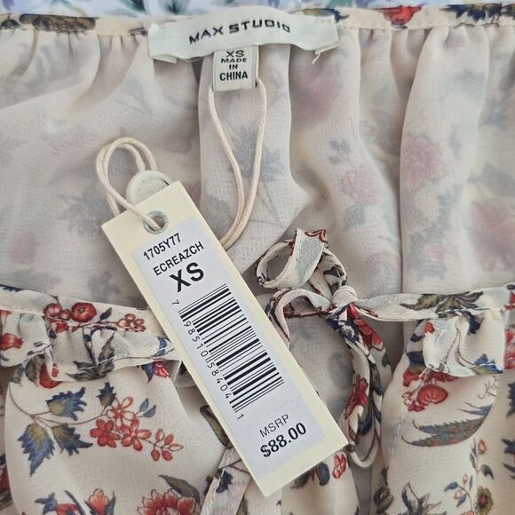 Max Studio -602 Georgette Elbow Sleeve Cold Shoulder‎ Blouse Cream Floral XS - Picture 4 of 12